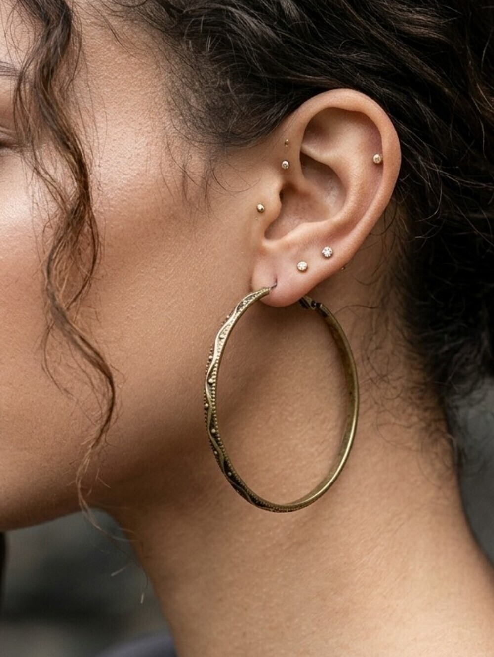 Vintage Style Antique Brass 3" Large Boho Hoop Earrings Perfect Cond